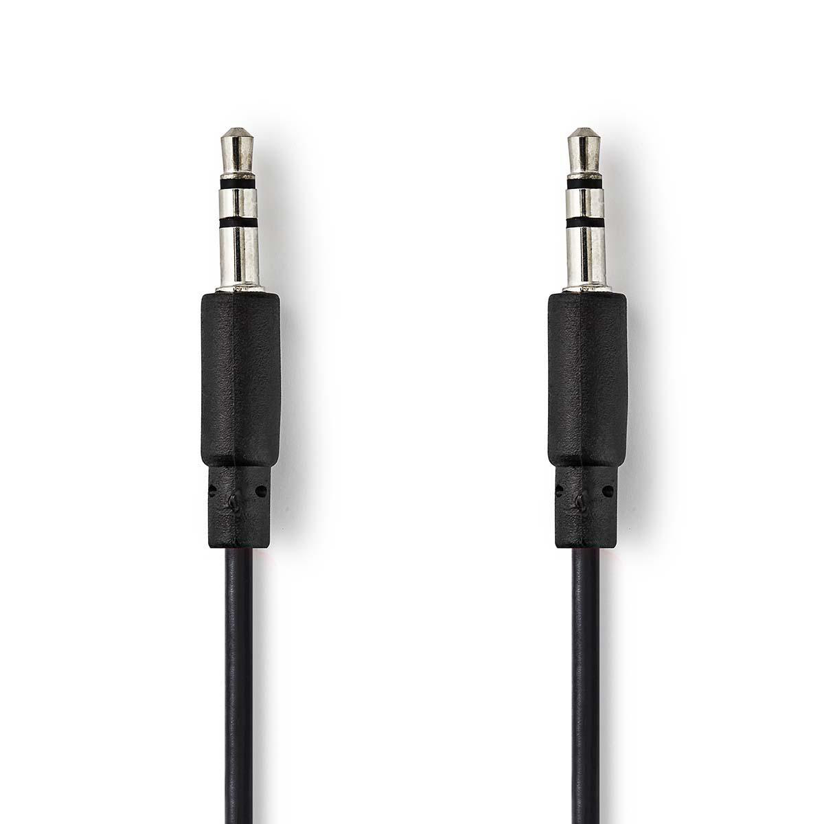 Dos cables de audio negros con conectores de 3,5 mm. Fondo blanco.