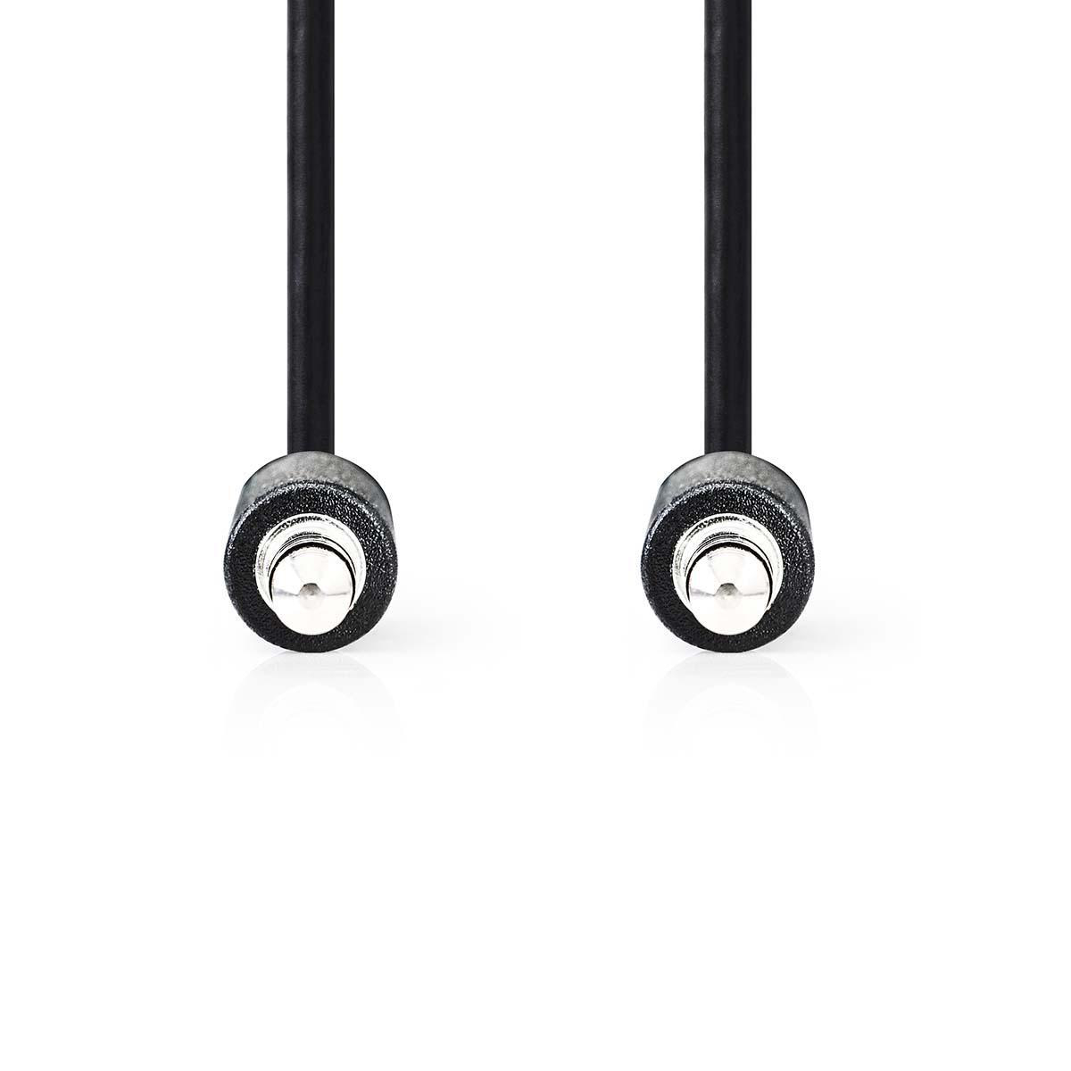 Dos cables coaxiales negros con conectores plateados, sobre una superficie blanca.
