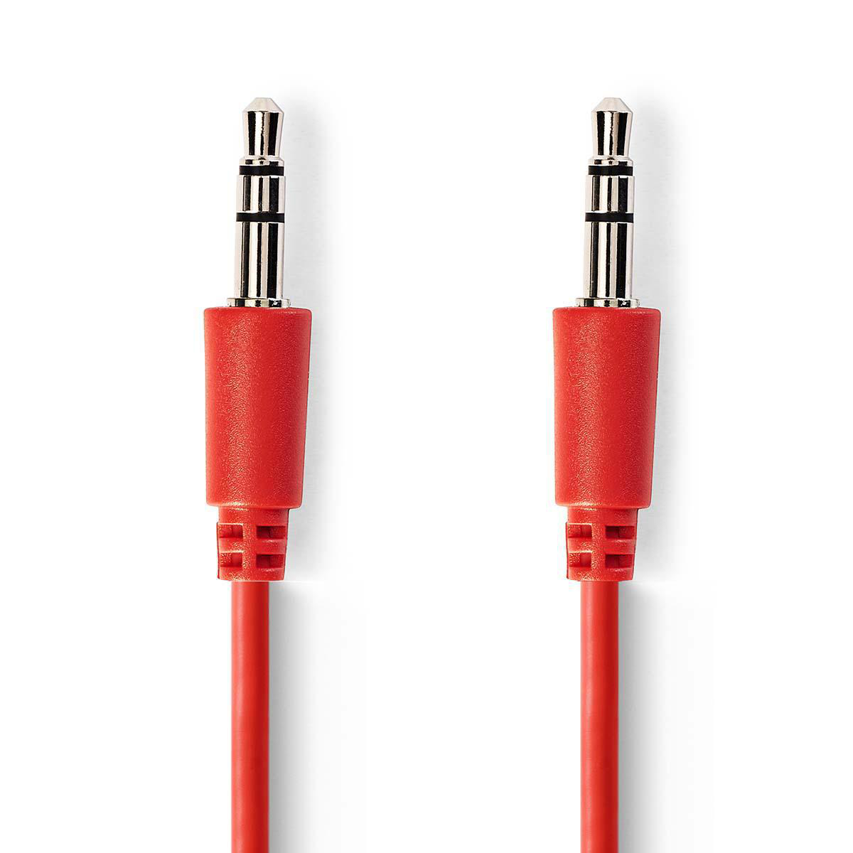 Due cavi audio rossi con jack da 3,5 mm. Sfondo bianco.