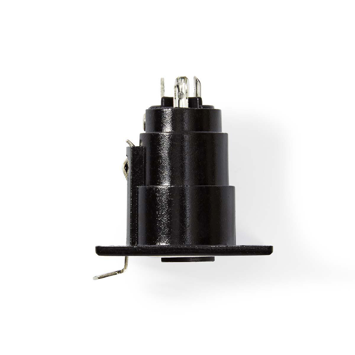 Ein schwarzer, zylindrischer elektrischer Stecker mit Stiften und einer Montageplatte.