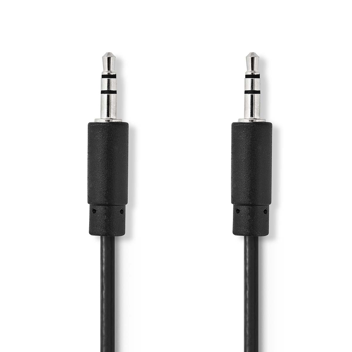 Zwei schwarze 3,5-mm-Audiokabel mit silbernen Steckern auf weißem Hintergrund.