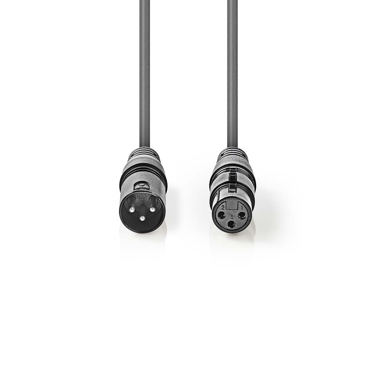 Deux connecteurs XLR noirs, mâle et femelle, sur fond blanc. Les câbles s'étendent vers le haut.