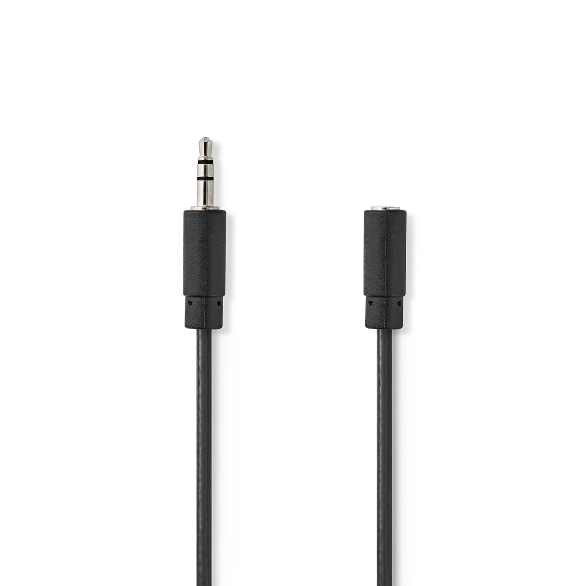 Black and black audio cable with connector on white background. 