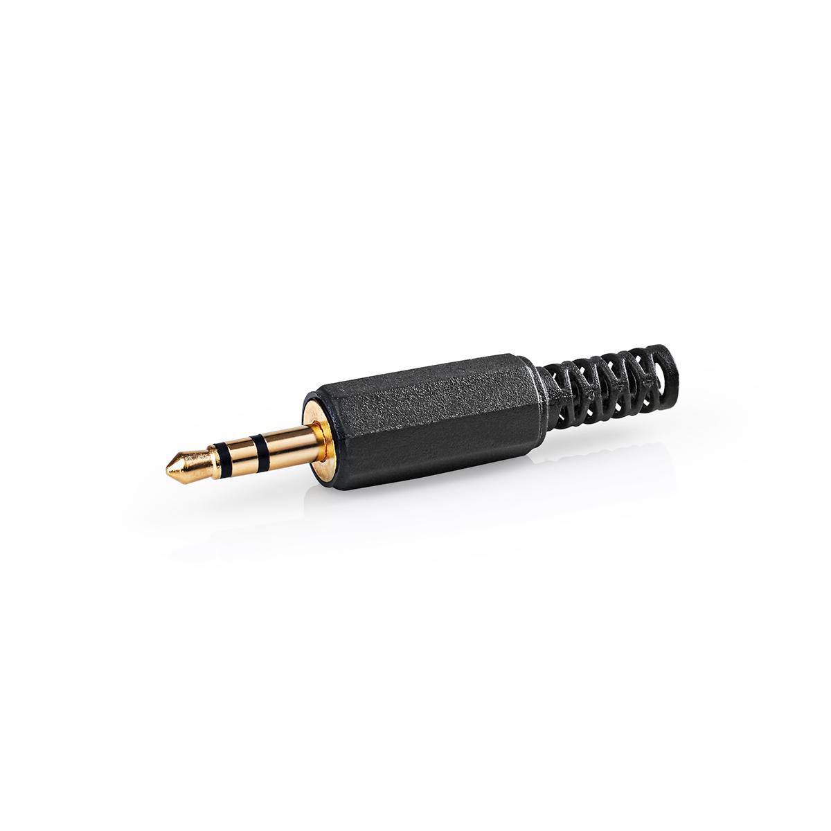 Schwarzer Audio-Klinkenstecker mit goldener Spitze. Weißer Hintergrund.