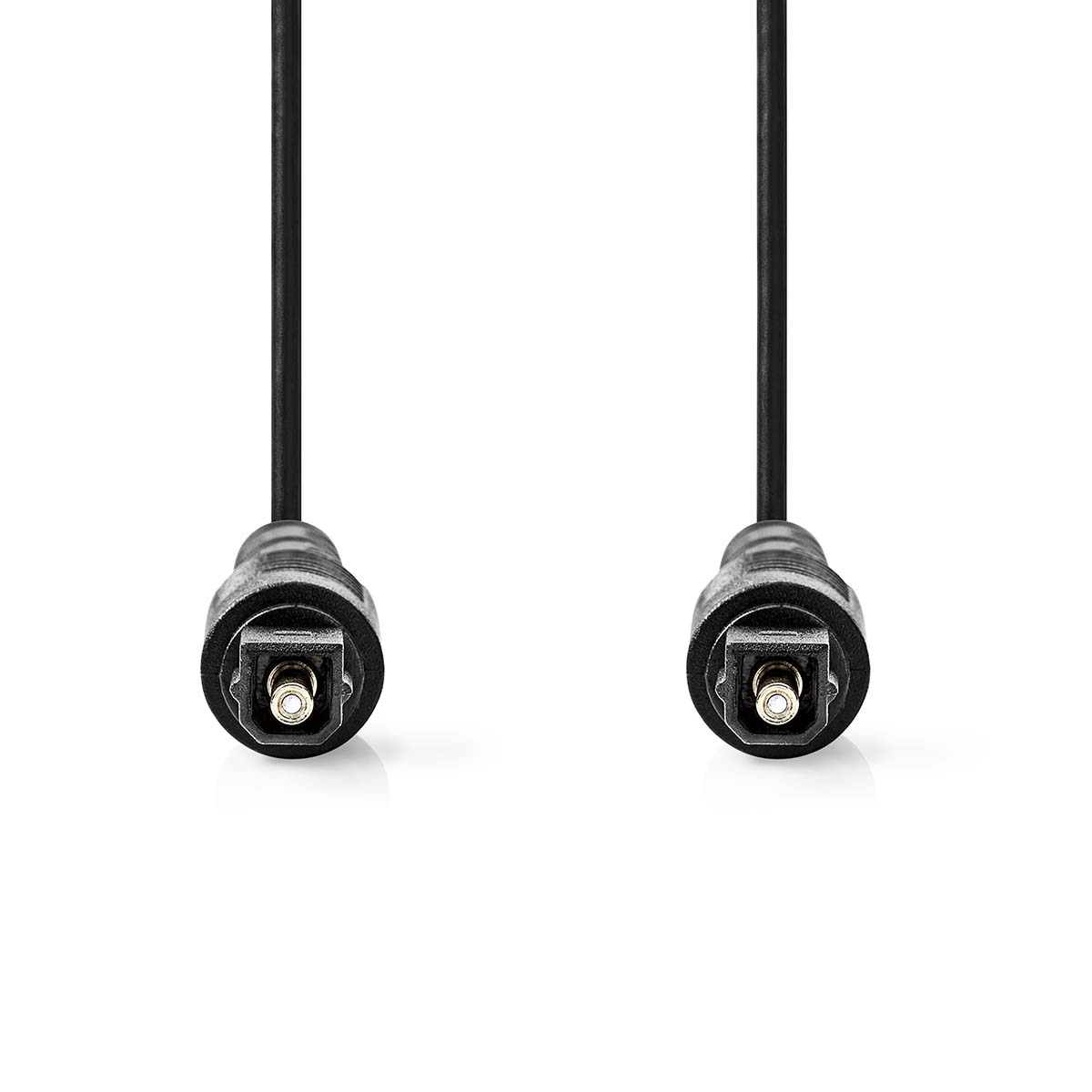 Due cavi audio ottici neri con connettori su sfondo bianco.