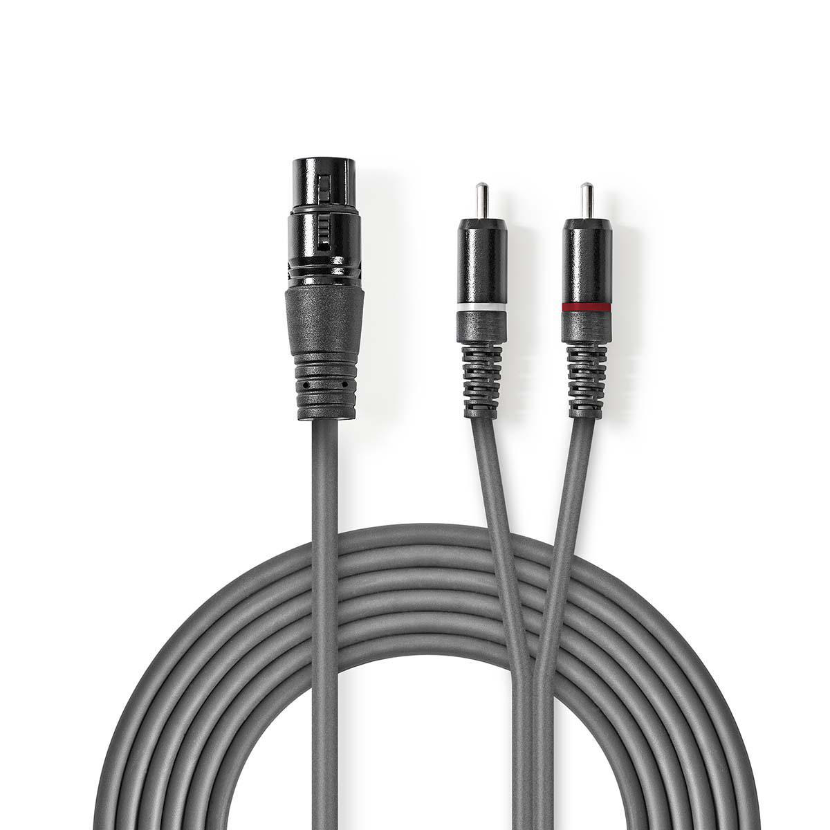 Grijze audiokabel met XLR- en RCA-connectoren. Witte achtergrond, kabels gebogen.