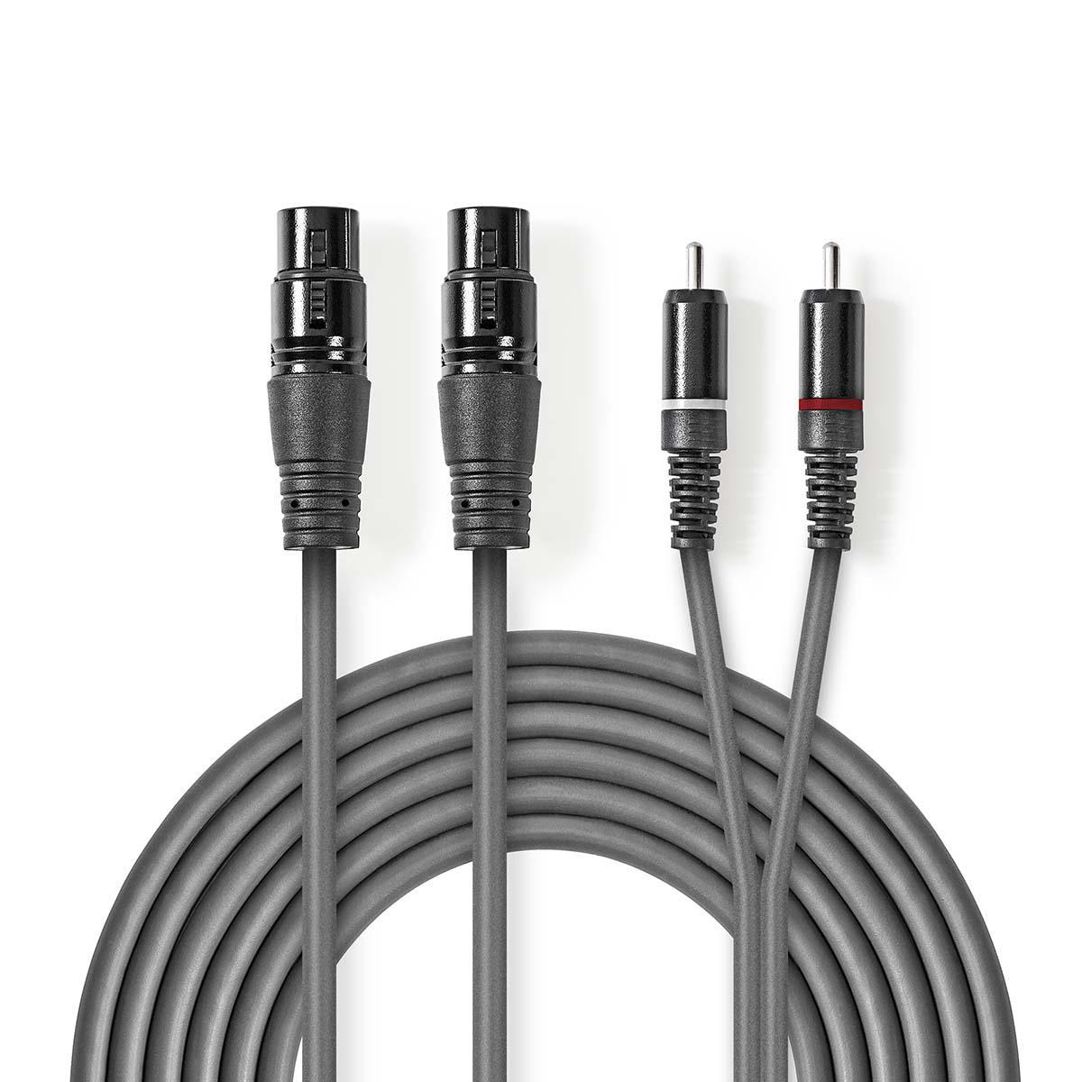 Audiokabel mit Anschlüssen. Zwei XLR- und zwei Cinch-Kabel, alle grau.