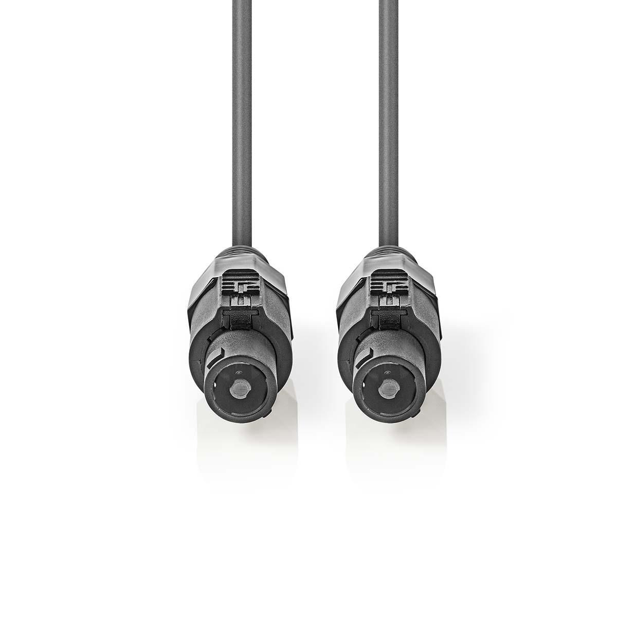 Twee zwarte audiokabels met ronde connectoren zijn gecentreerd op een witte achtergrond, met een eenvoudige en strakke uitstraling.