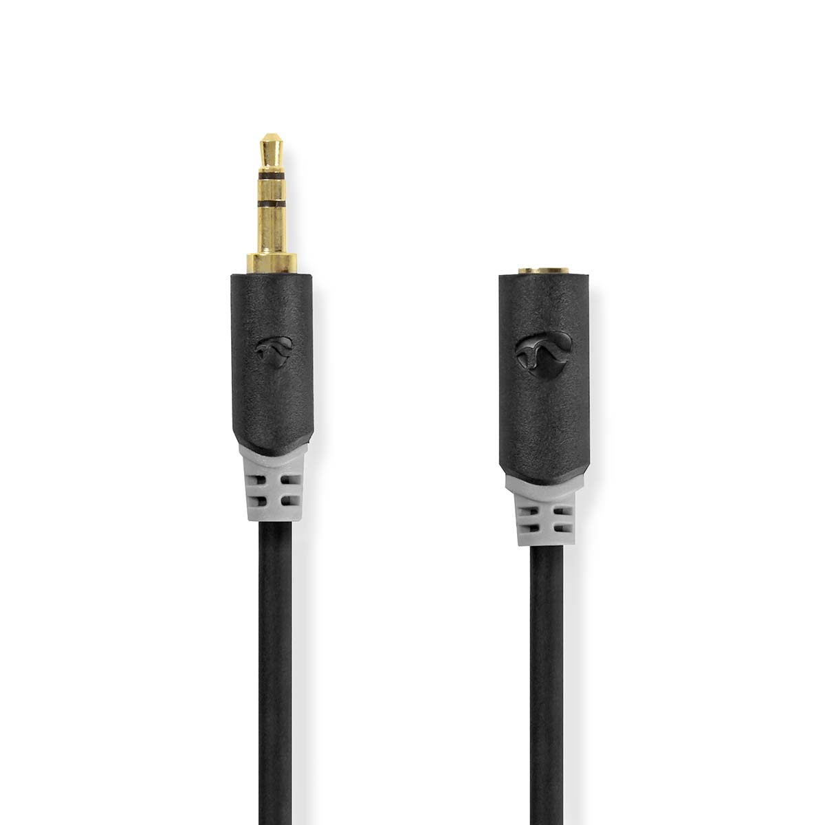 Close-up of black and gold audio cable with two connectors.