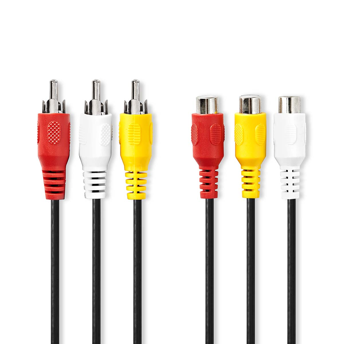 Six RCA cables with red, white, and yellow connectors on a white background.
