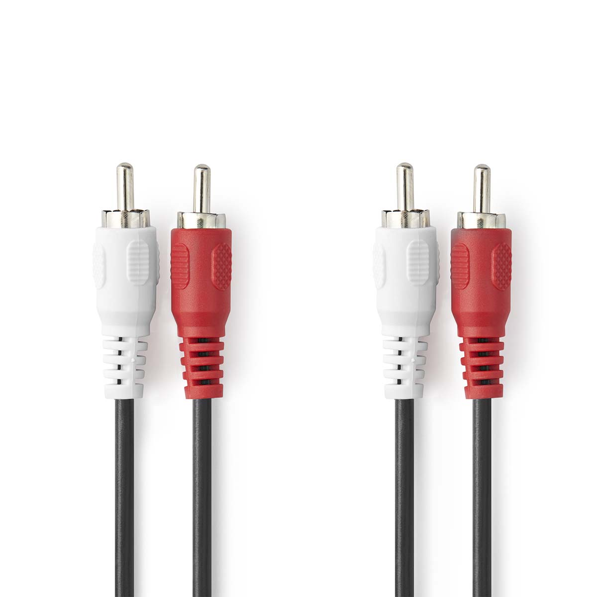 Two pairs of RCA audio cables, white and red, with black cables and silver connectors.