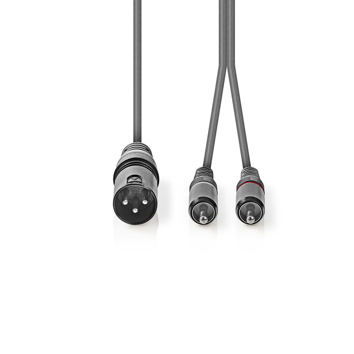Grijze audiokabel met drie connectoren. Eén XLR en twee RCA op witte achtergrond.