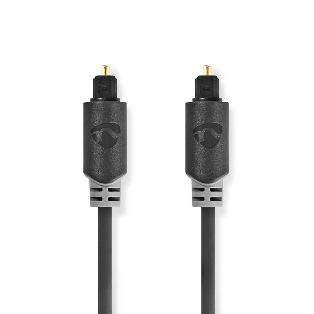 Optyczny kabel audio z czarnymi złączami i czarnym kablem. Zaprojektowany do transmisji audio.