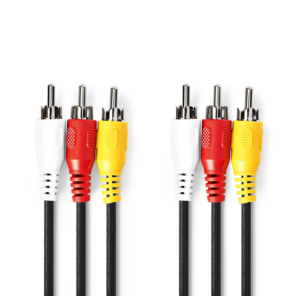 Sechs Cinch-Kabel, paarweise in Weiß, Rot und Gelb, auf weißem Hintergrund.