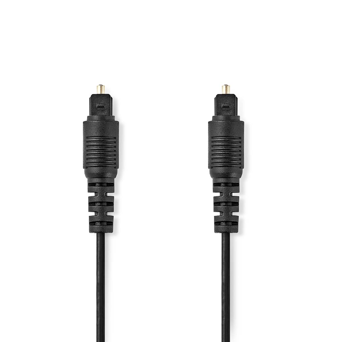 Zwei schwarze optische Audiokabel mit Anschlüssen vor weißem Hintergrund.