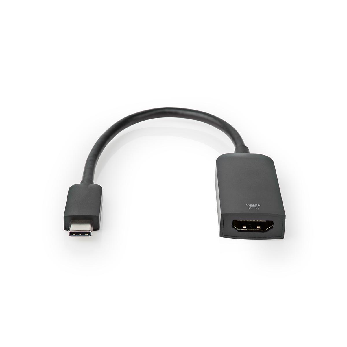 Schwarzes USB-C-zu-HDMI-Adapterkabel mit einem USB-C- und HDMI-Anschluss.