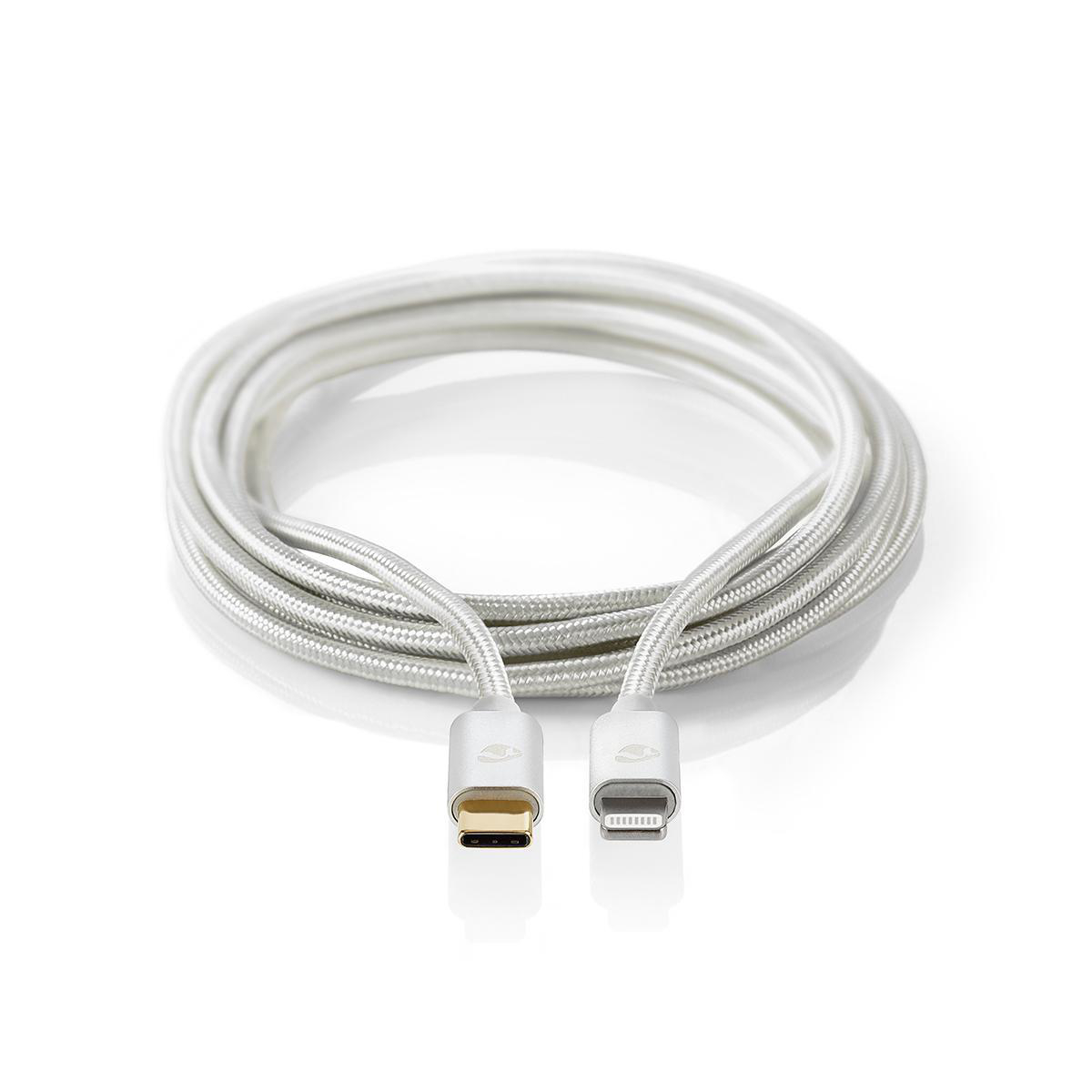 Un cavo bianco con connettori USB-C e Lightning. Il cavo è arricciato e bianco.