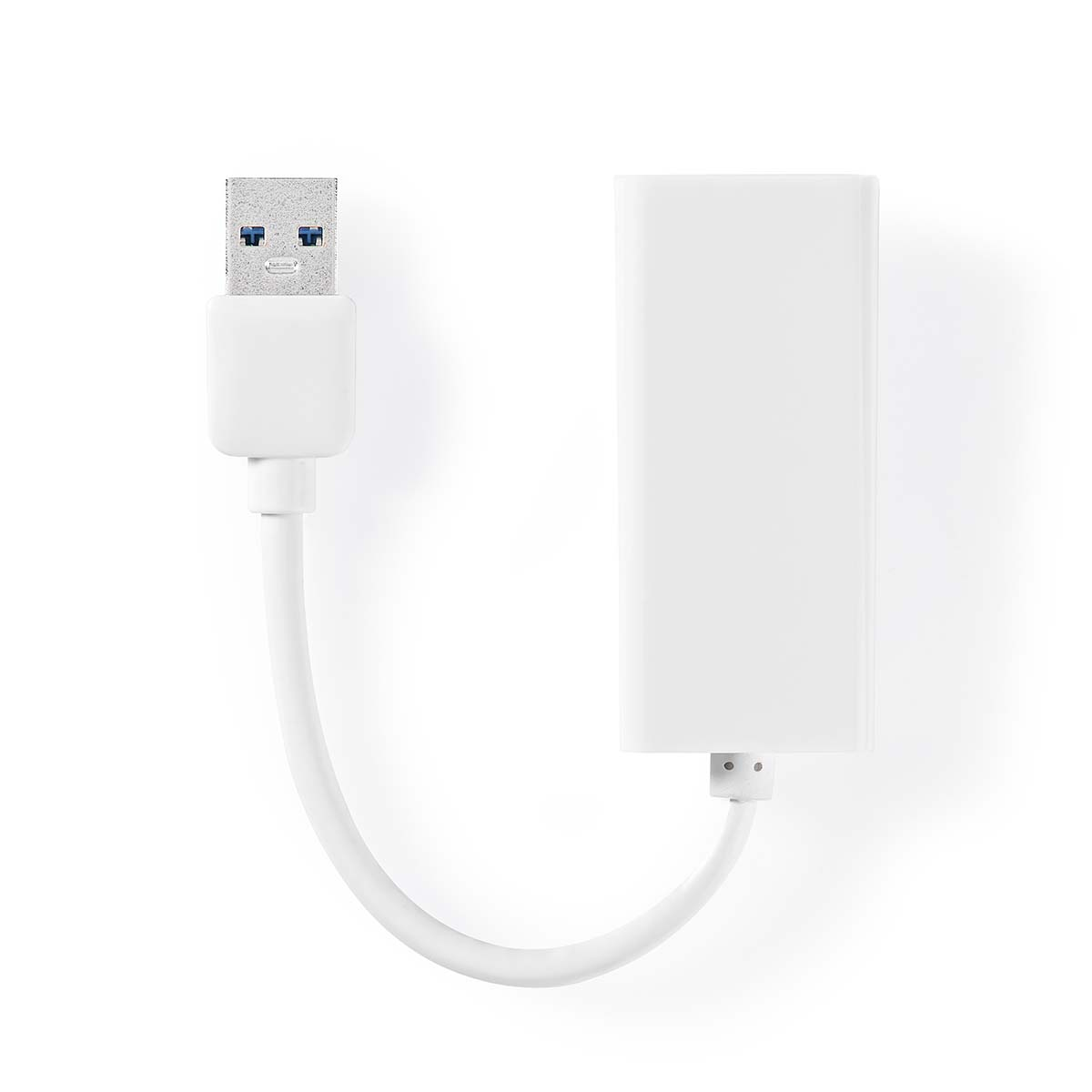 White USB to Ethernet adapter with a white cable, on a white surface.