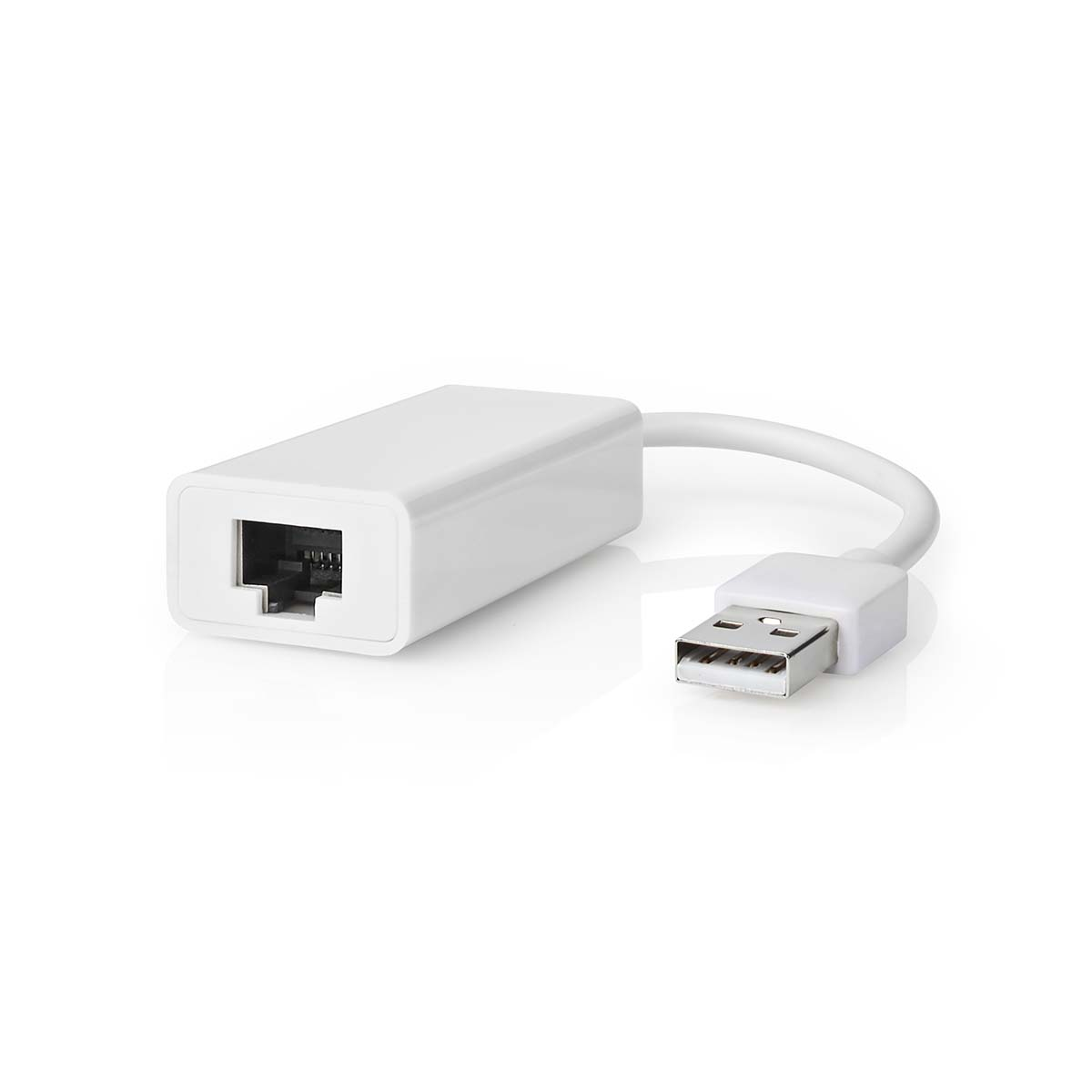 White USB to Ethernet adapter cable. The adapter has a rectangular shape, and the cable is white.
