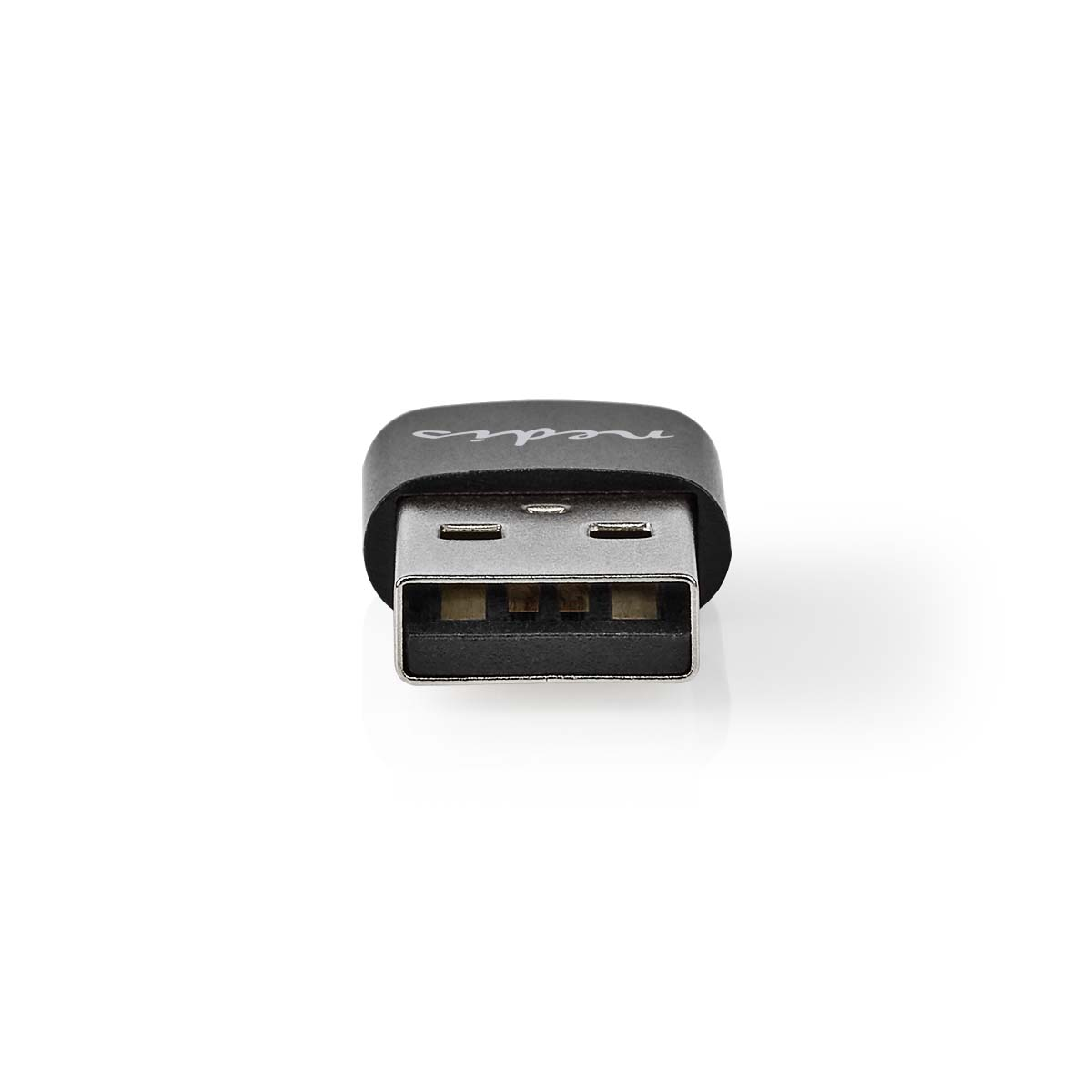 Un adattatore USB nero. Sfondo bianco. Il connettore USB è visibile.