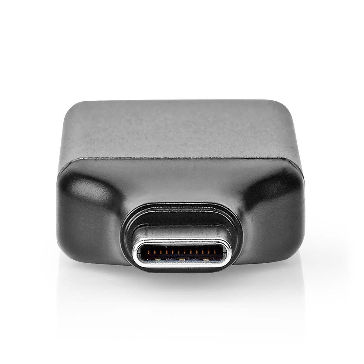 Adattatore USB-C nero, vista frontale, su sfondo bianco.