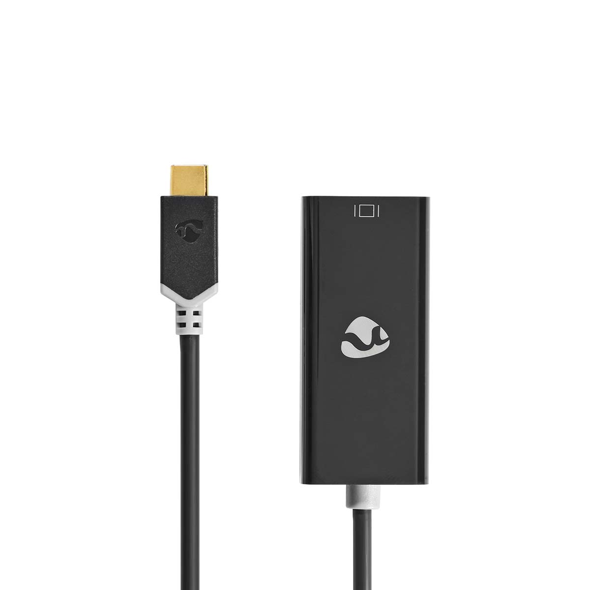 Ein schwarzes DisplayPort-zu-HDMI-Adapterkabel mit einem schwarzen rechteckigen Adapter.