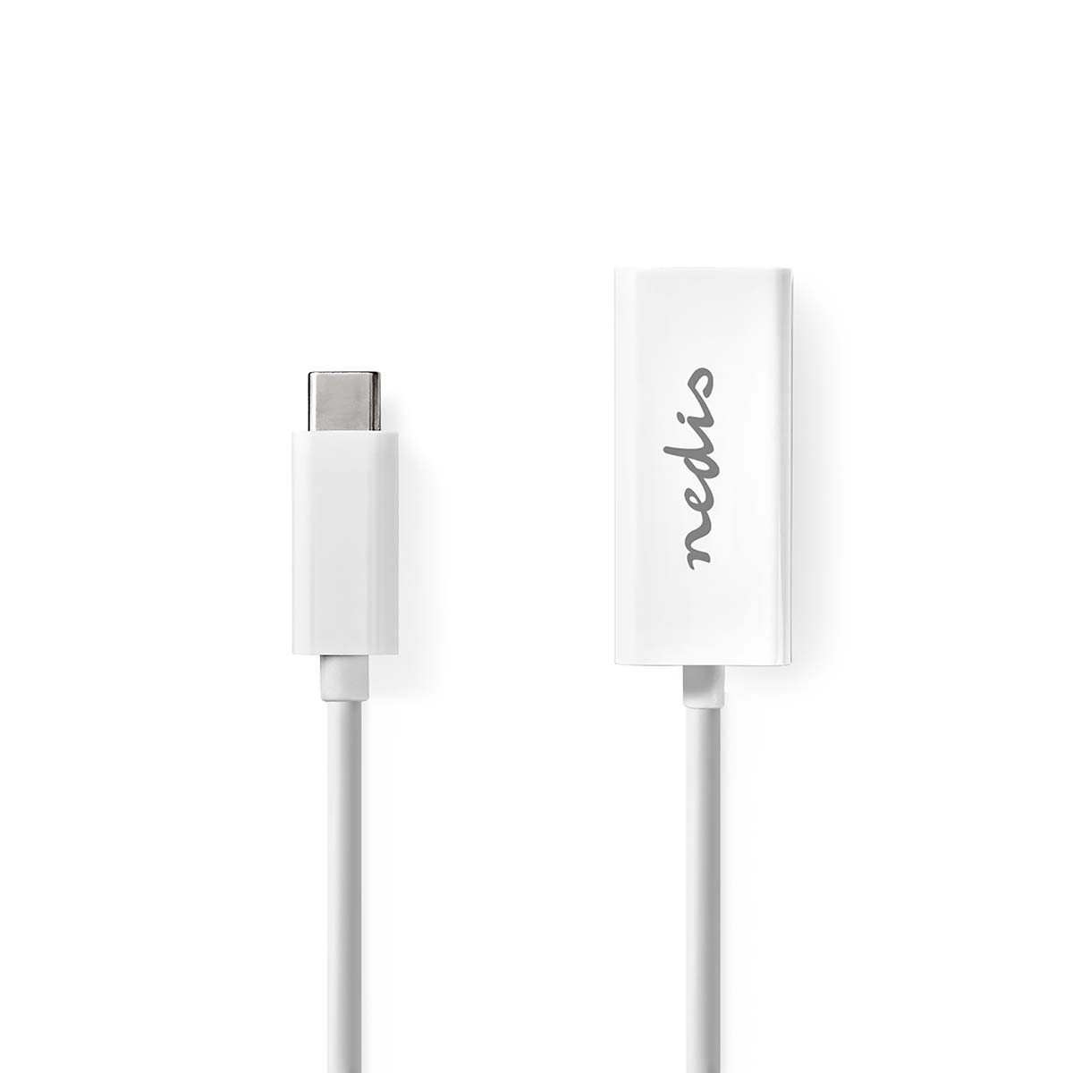 Biały kabel USB-C do USB-C na białym tle.