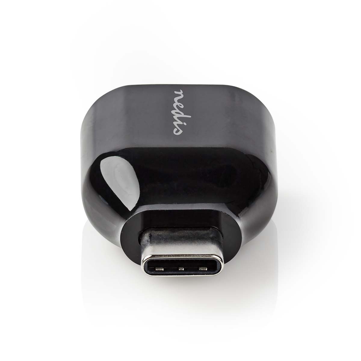 Adattatore USB-C nero, vista dall'alto.