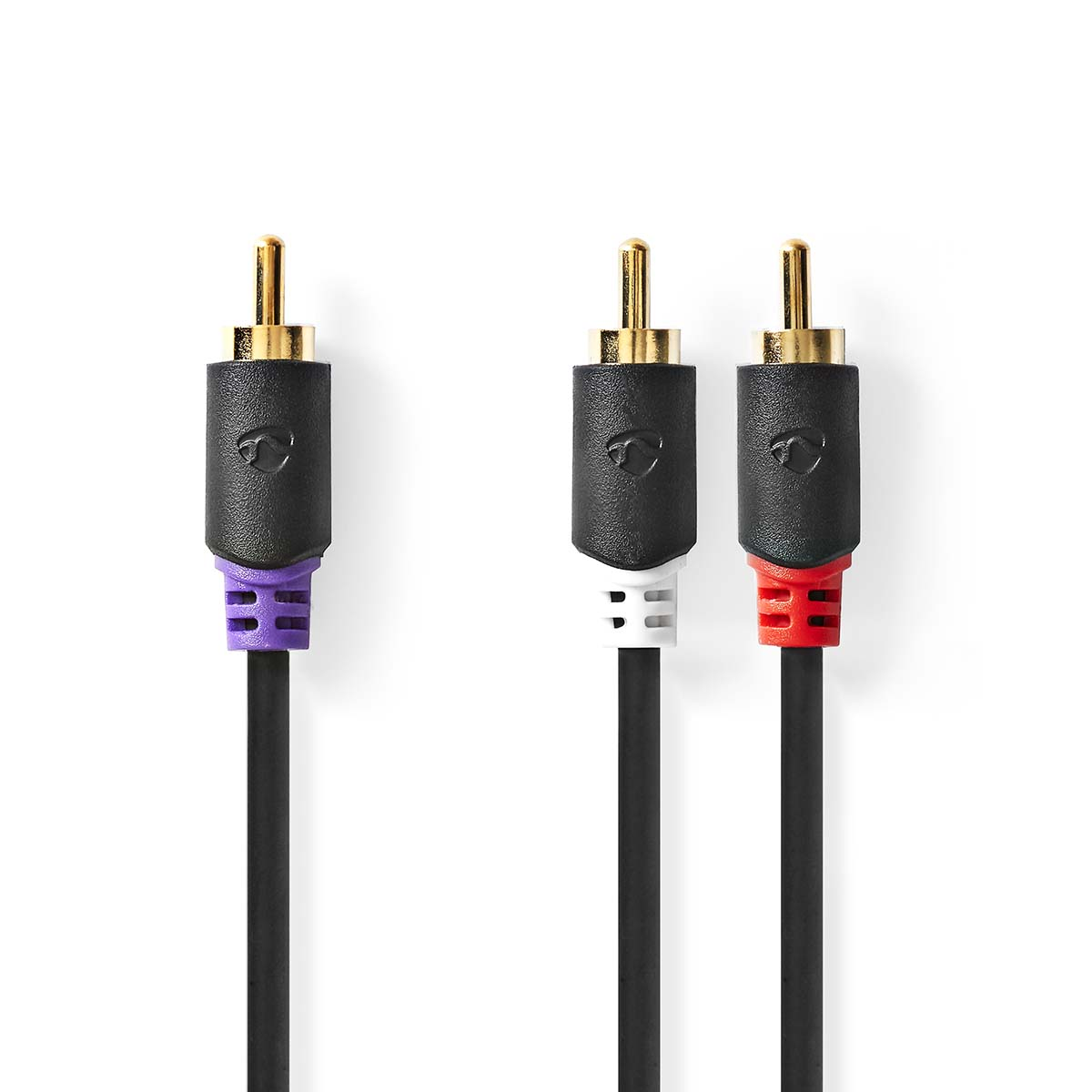 Drei Audio-/Video-Kabel, schwarz mit farbigen Steckern: lila, weiß und rot.