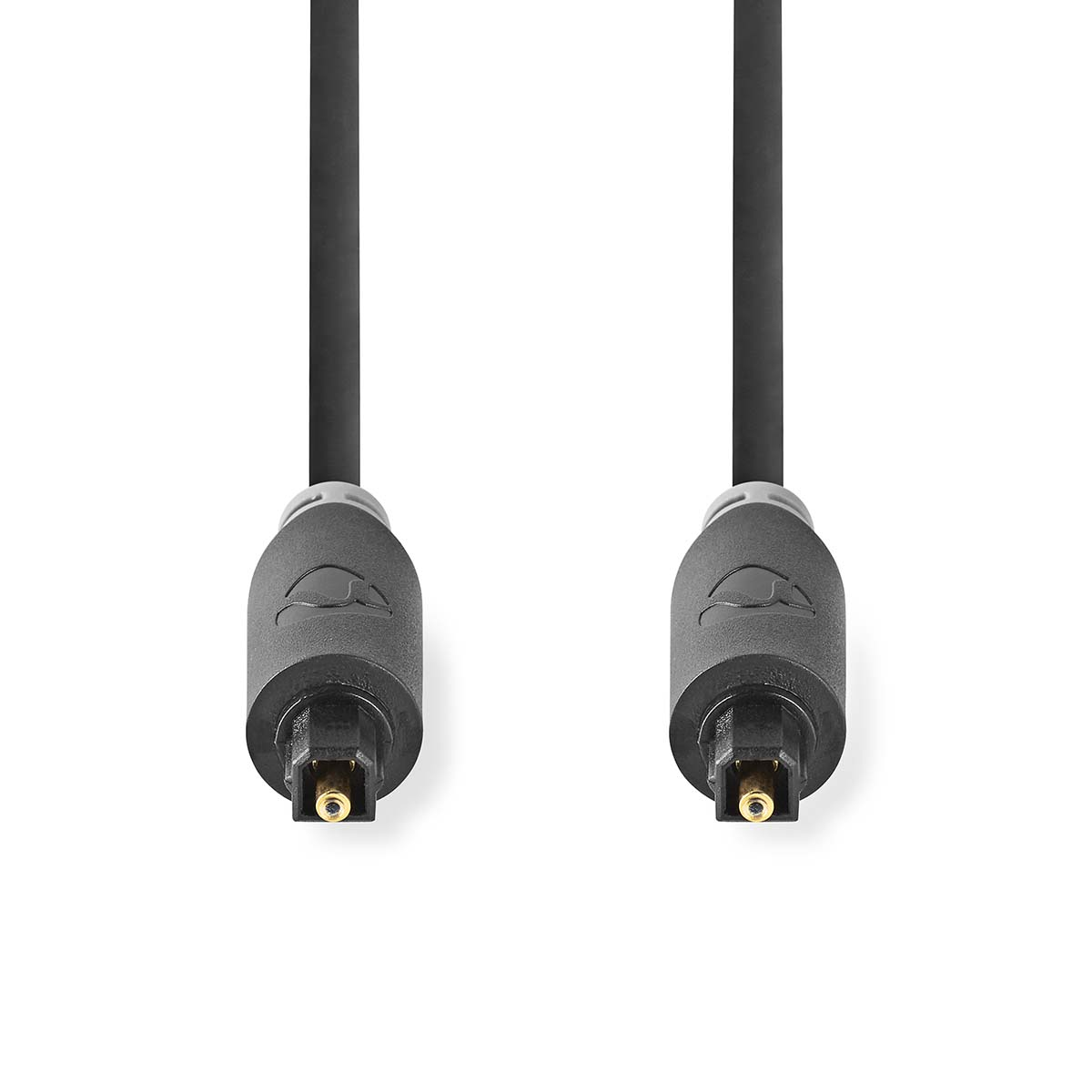 Czarny kabel audio optyczny z czarnymi złączami na białym tle.