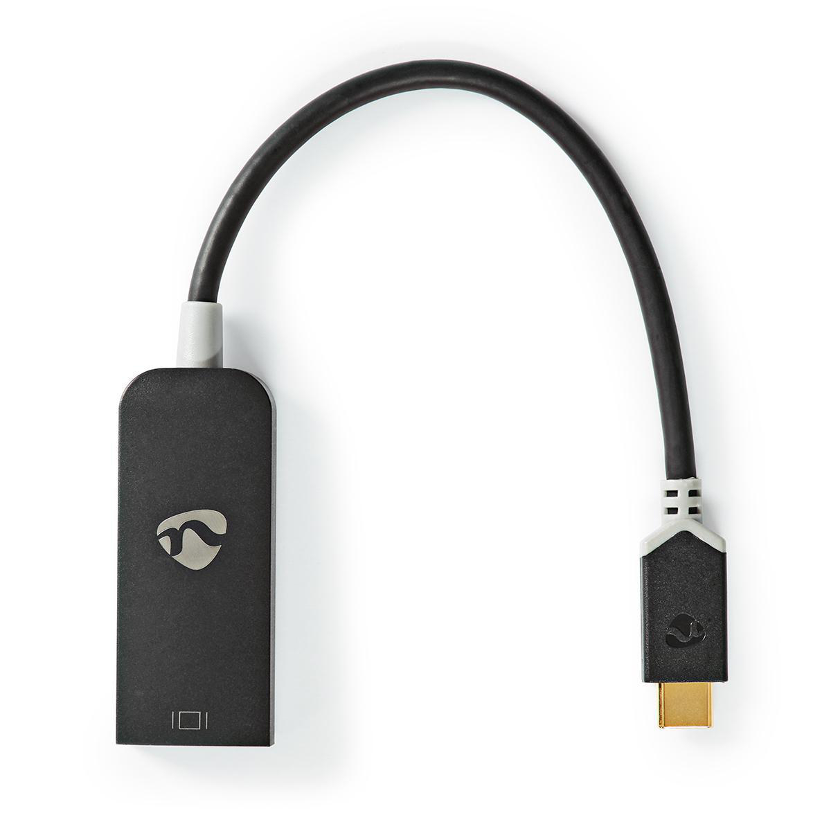 Un adattatore nero con connettore USB e HDMI e un cavo grigio.