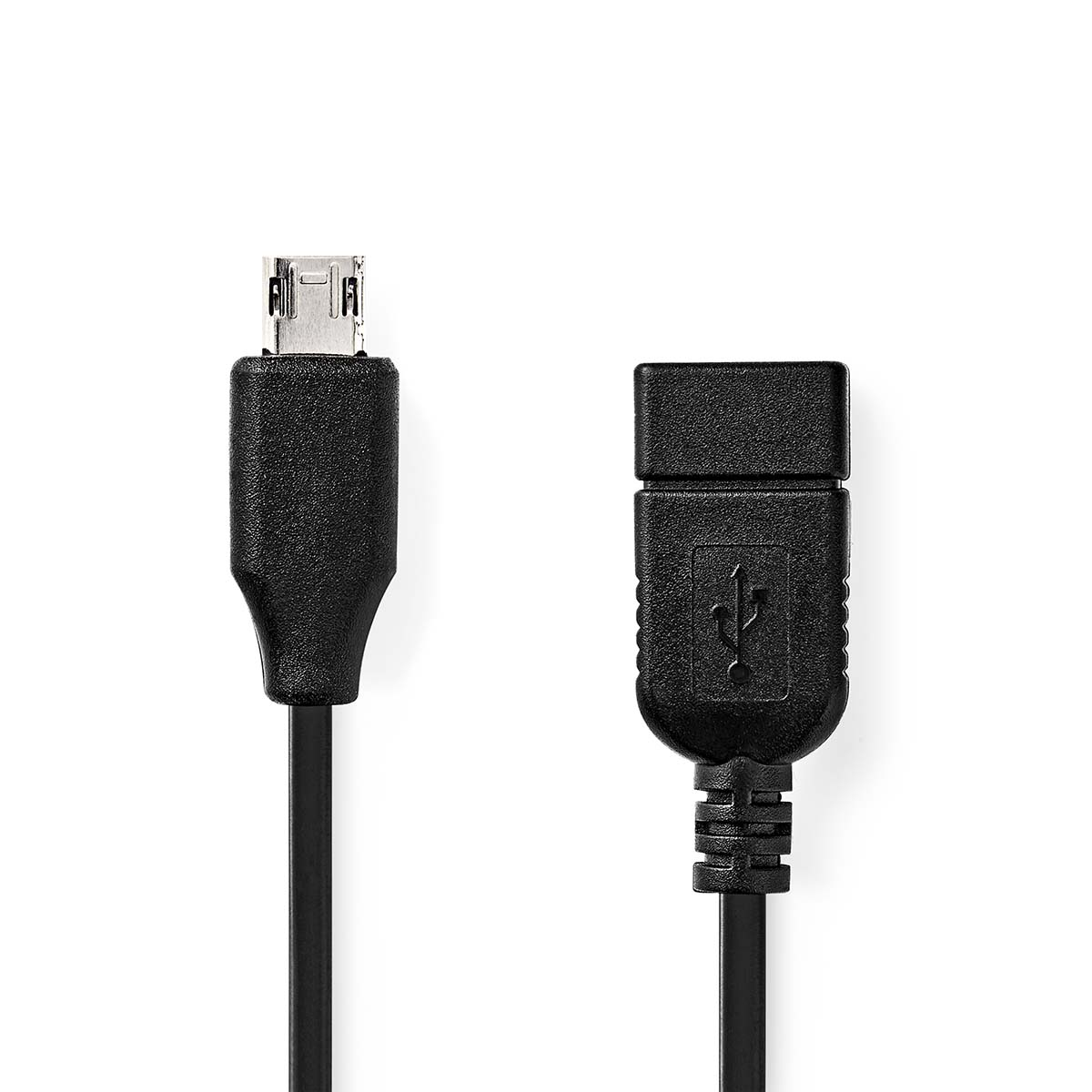 Schwarzes USB-Kabel mit Micro-USB-Anschluss an einem Ende. Das andere ist USB-A. Weißer Hintergrund.