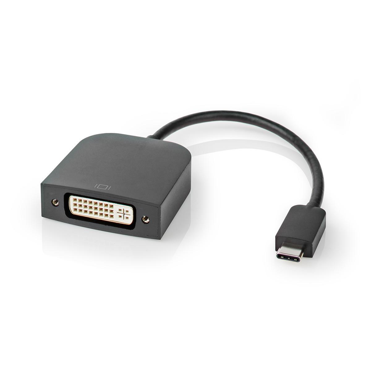 Schwarzes Adapterkabel mit USB-C-Anschluss und DVI-Anschluss.