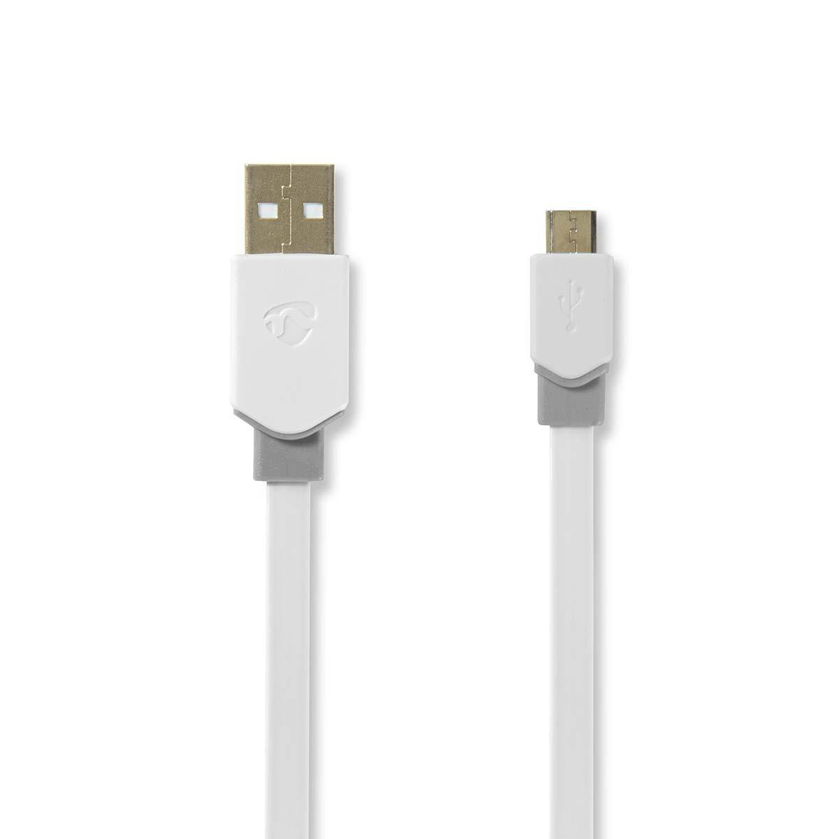 Weißes USB-zu-Micro-USB-Kabel. Anschlüsse sind weiß und grau, Kabel ist weiß.