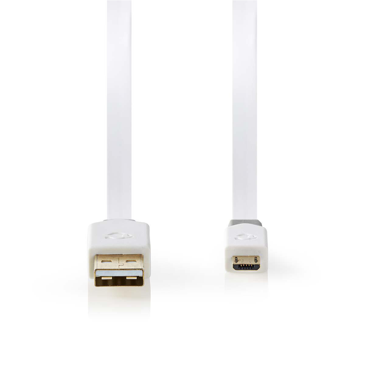 Ein weißes USB-zu-Micro-USB-Kabel. Ein Ende ist USB, das andere Micro-USB.