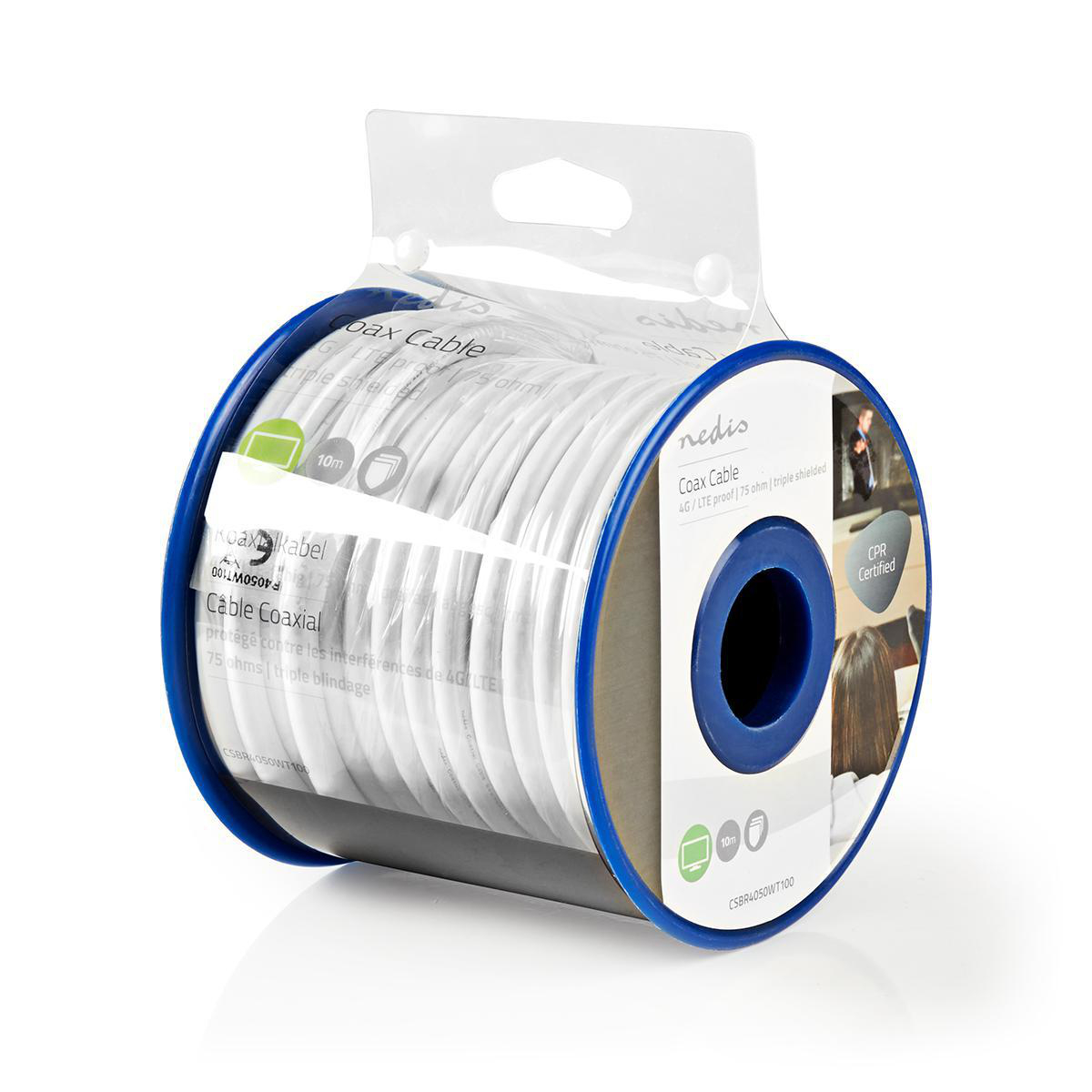 Coaxkabelrol in plastic houder, met verpakking en productdetails.