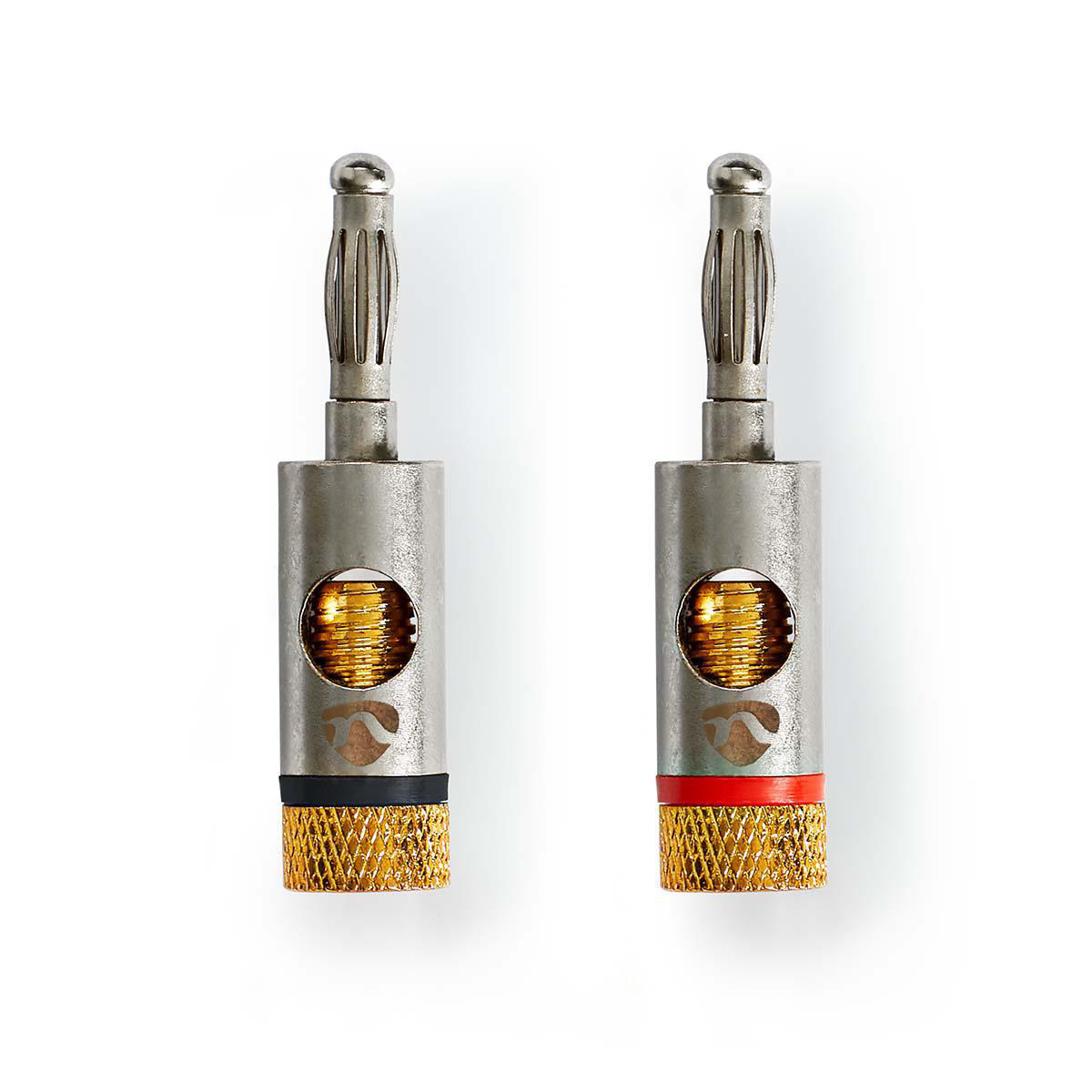 Two gold-tipped speaker connectors, one with a red, one with a black band. The background is white.