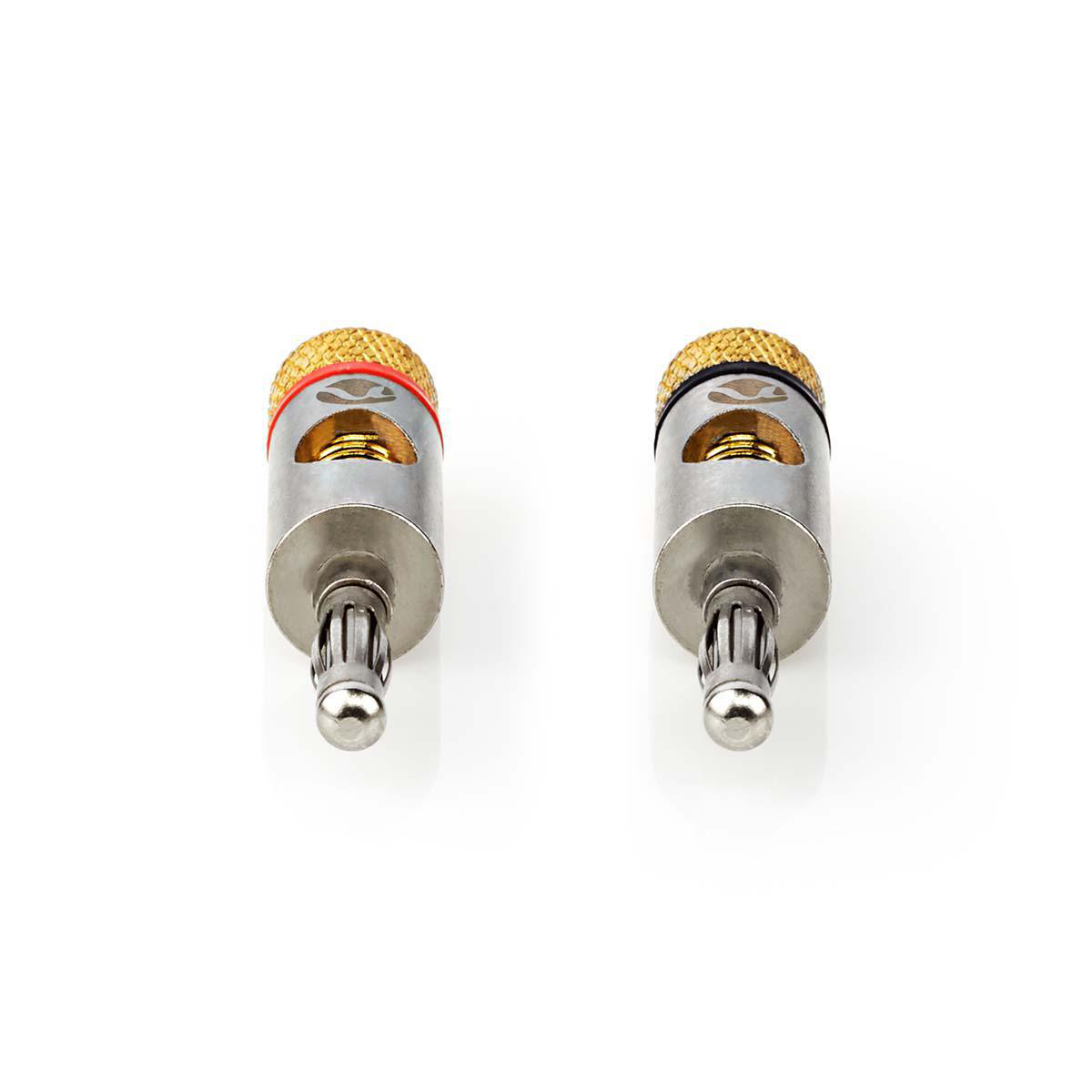 Two silver and gold banana plugs, viewed from above, against a white background.