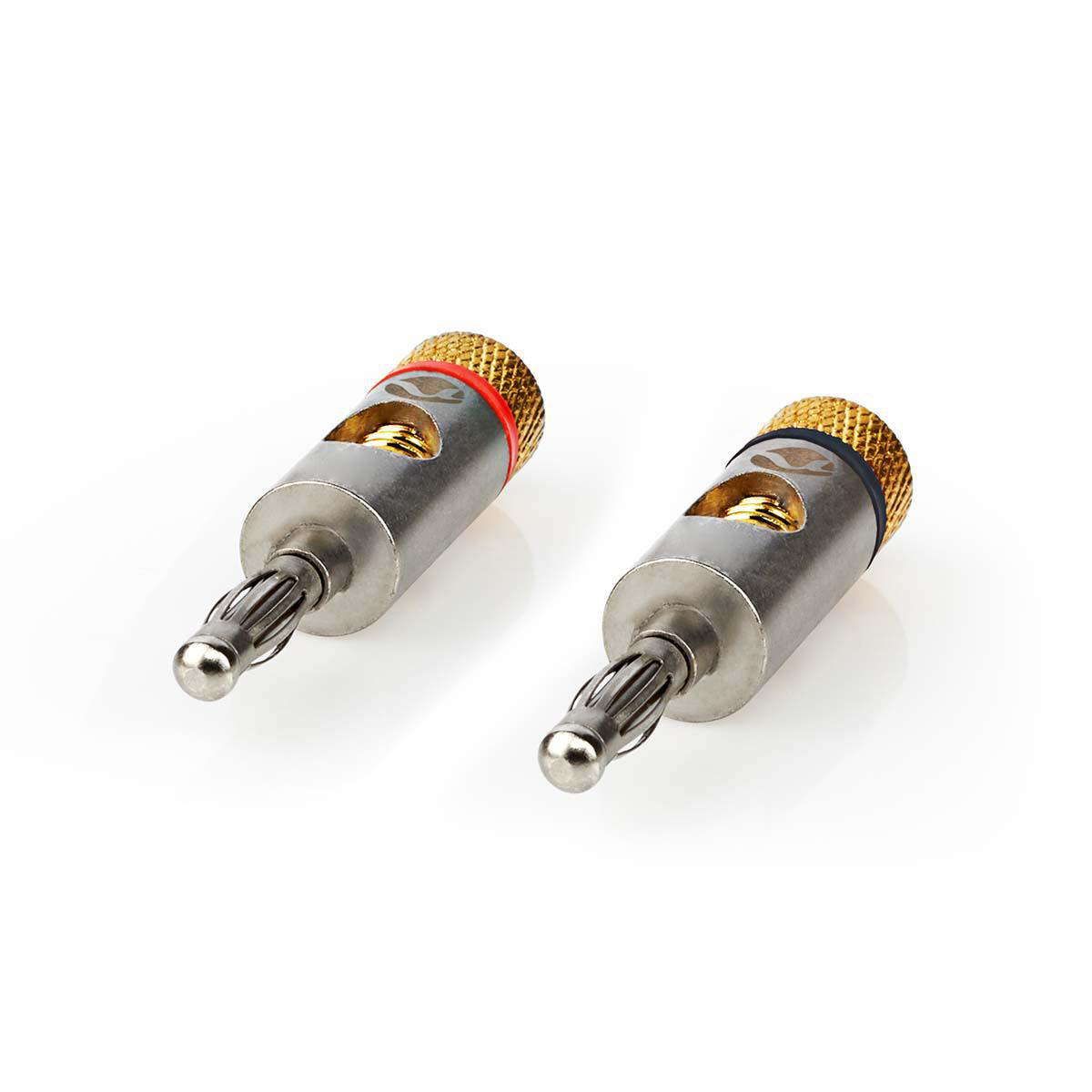 Two metal banana plugs with gold and red/blue rings. They are on a white background.