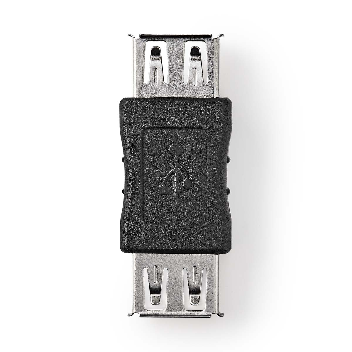 Adaptateur USB. Métal argenté avec centre noir. Symbole USB au centre.
