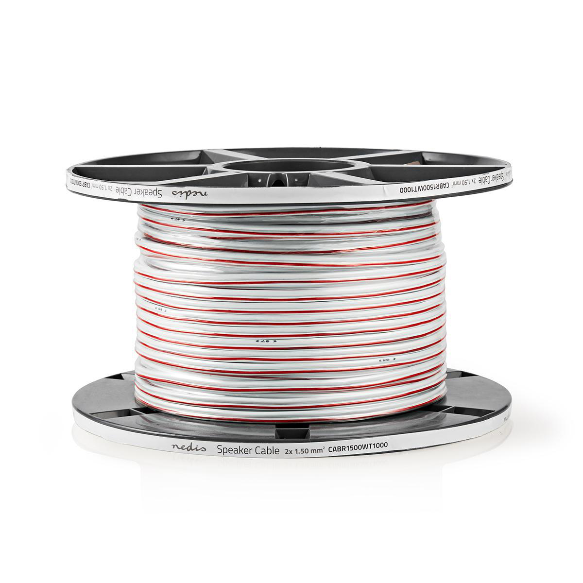 Eine Rolle Lautsprecherkabel. Das Kabel ist weiß und rot gestreift.