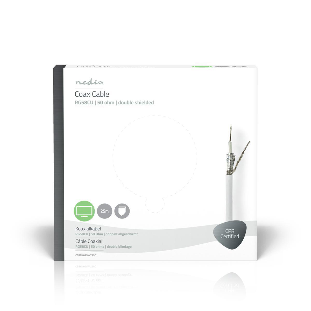 Coaxkabeldoos. Witte doos met tekst en iconen. Kabel komt uit de doos. CPR-gecertificeerd label.