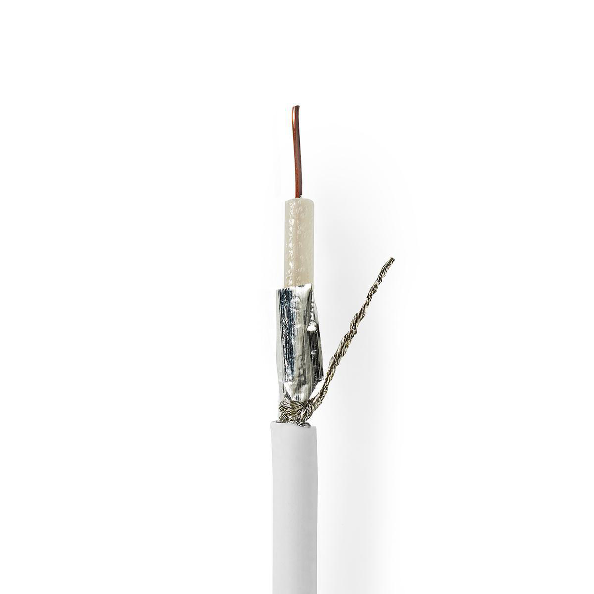 Doorgesneden weergave van een witte coaxkabel met blootliggende interne draden.
