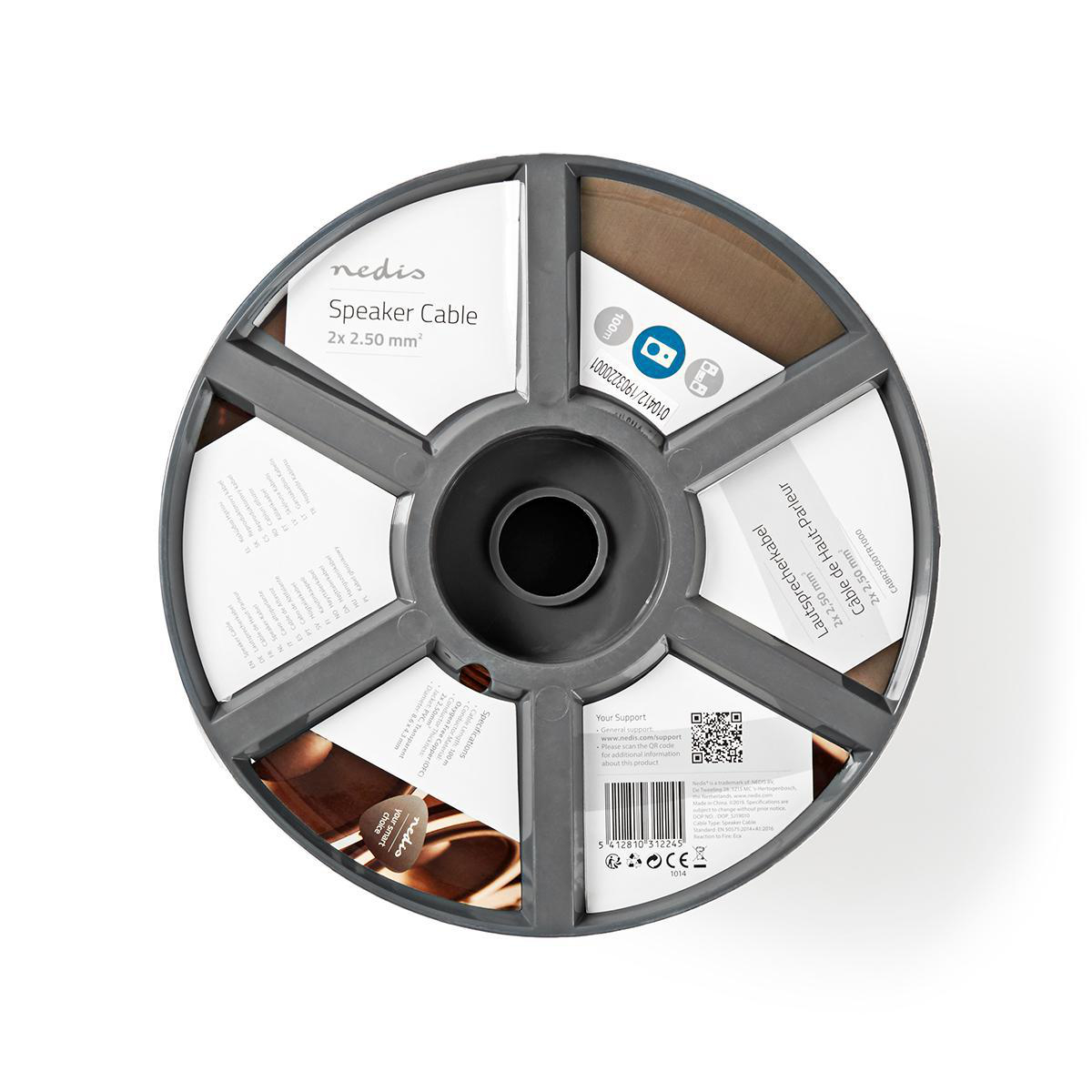 A roll of speaker cable with labels and a grey center.