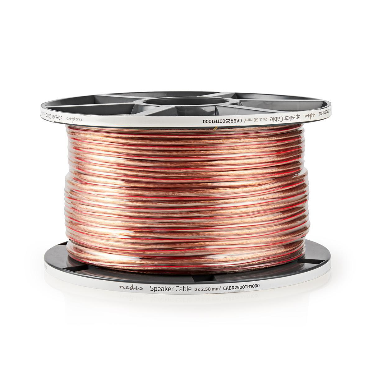 A spool of speaker cable. The wire is copper and red and black.