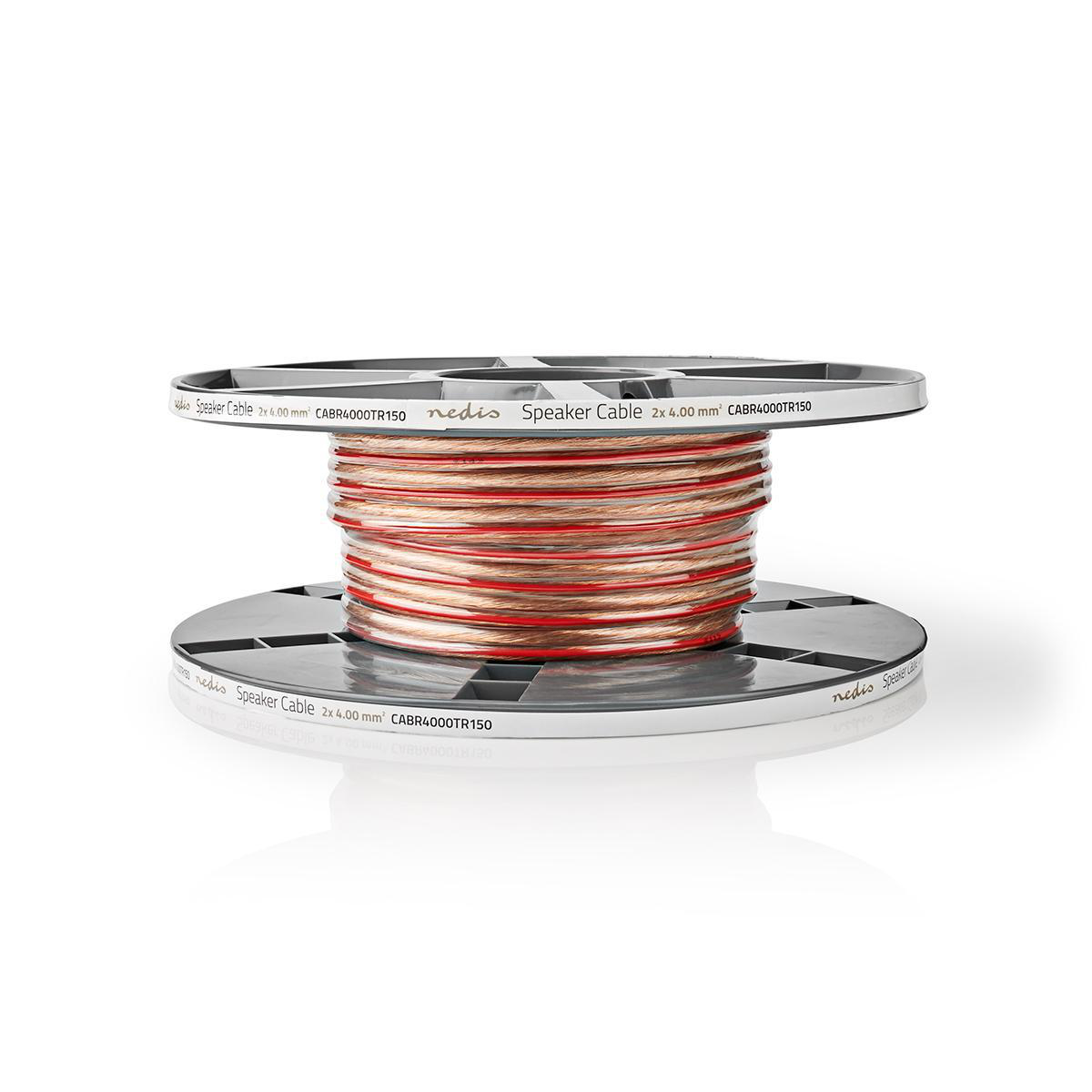Een kabelhaspel met rode en koperkleurige luidsprekerkabel, op een wit oppervlak.