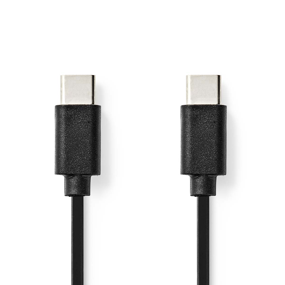 Zwei schwarze USB-C-Kabel werden auf weißem Hintergrund angezeigt, die die Anschlüsse zeigen.