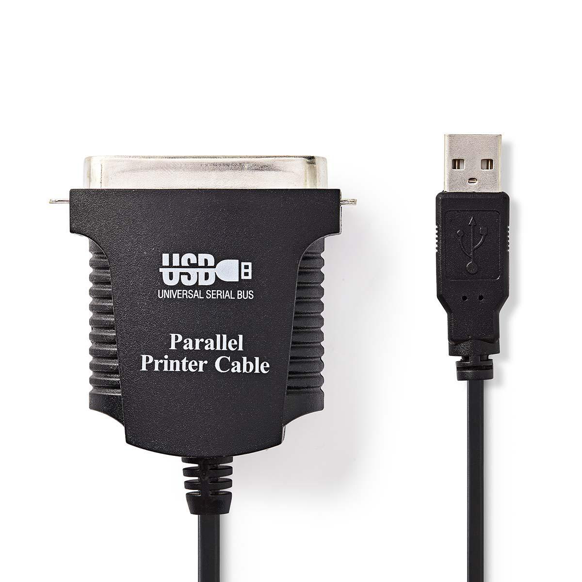 Un cavo per stampante parallela nero con un connettore USB. Sfondo bianco.