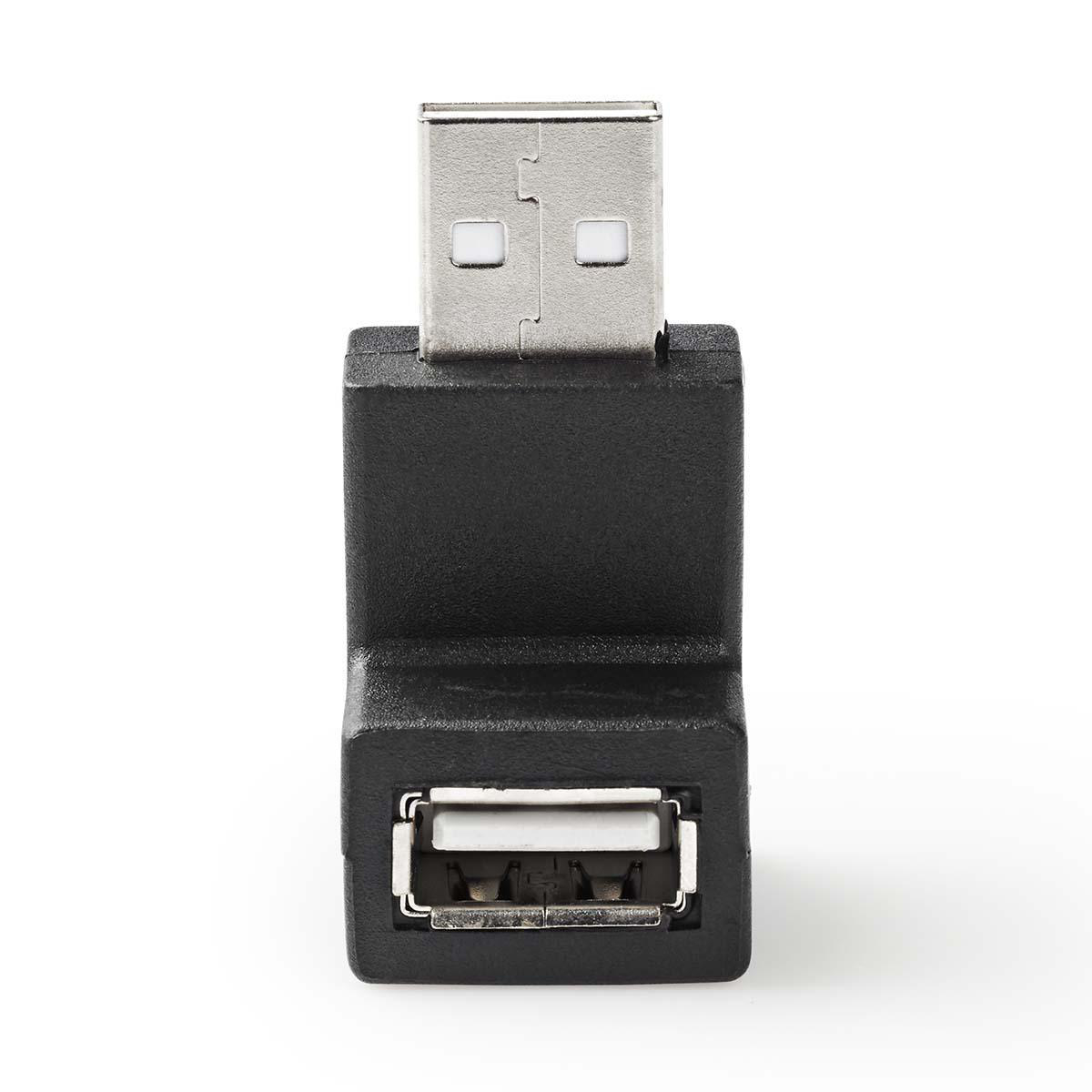 Adaptateur USB noir avec ports mâle et femelle. Fond blanc.