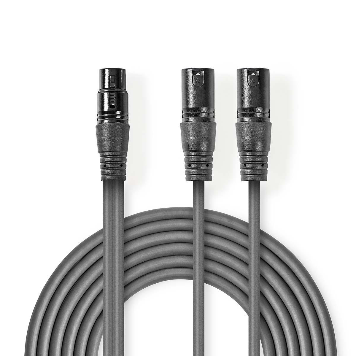 Drie grijze XLR-kabels met zwarte connectoren op een witte achtergrond.
